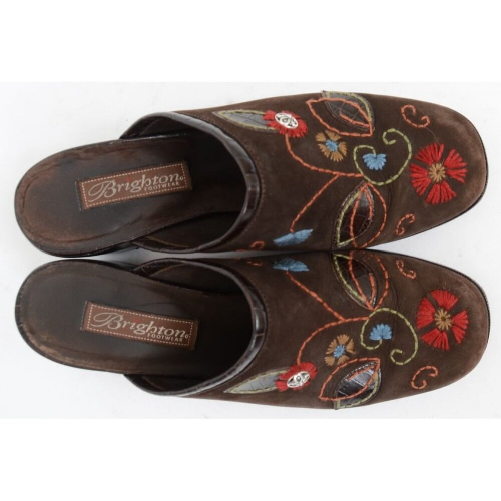Brighton Fiona Women 8 Brown Suede Colorful Flowers Slide Mules Western Festival